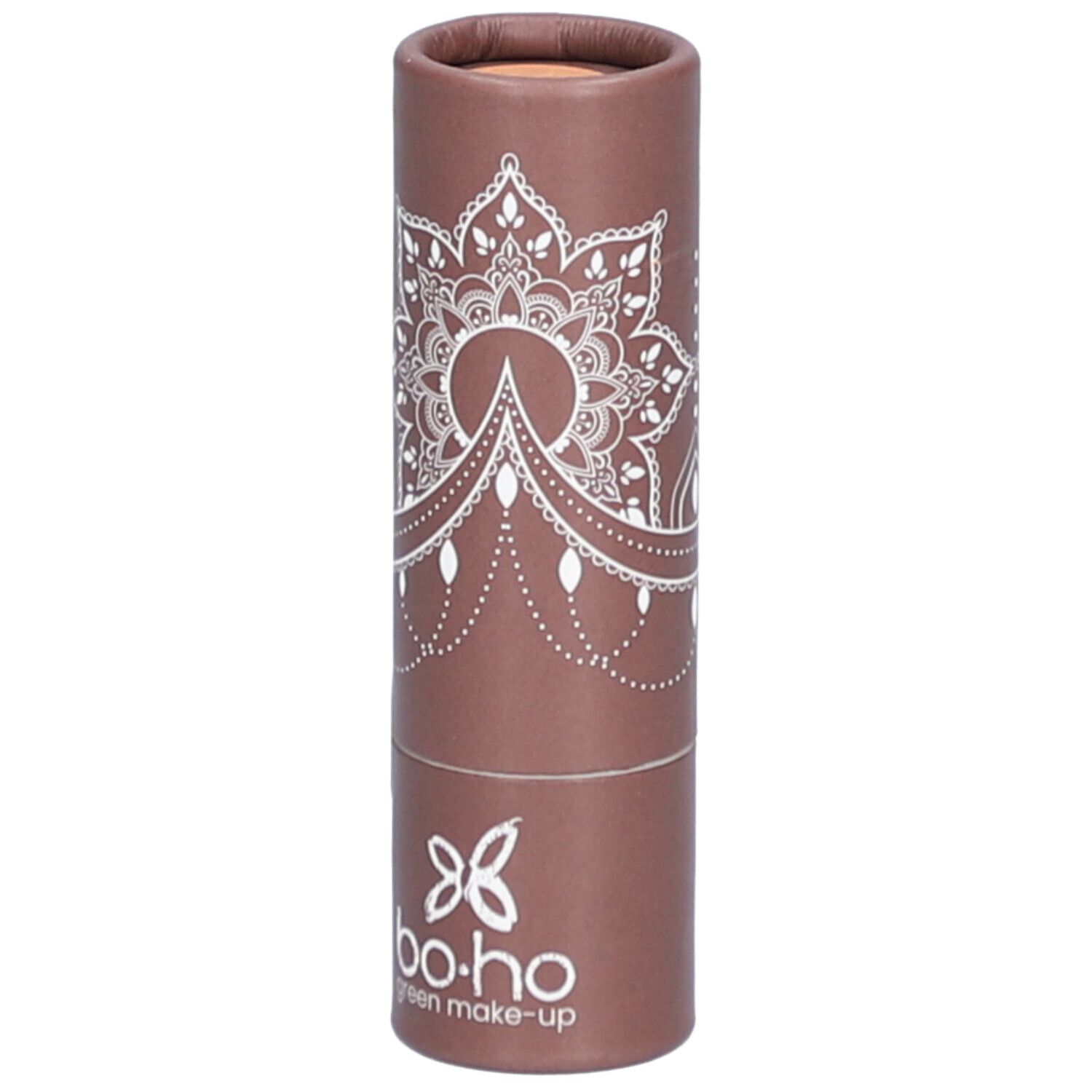 Emballage cylindrique marron avec motif mandala blanc et logo. Nom du produit non visible.
