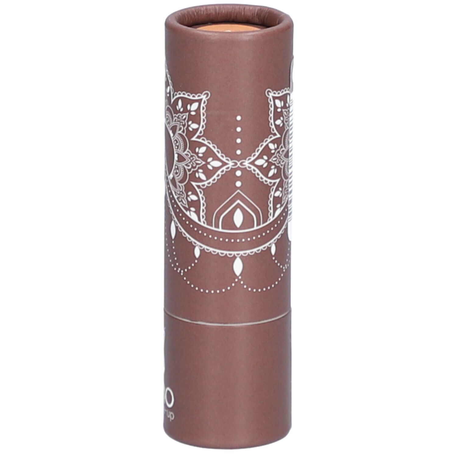 Emballage cylindrique marron avec motif mandala blanc et logo. Nom du produit non visible.