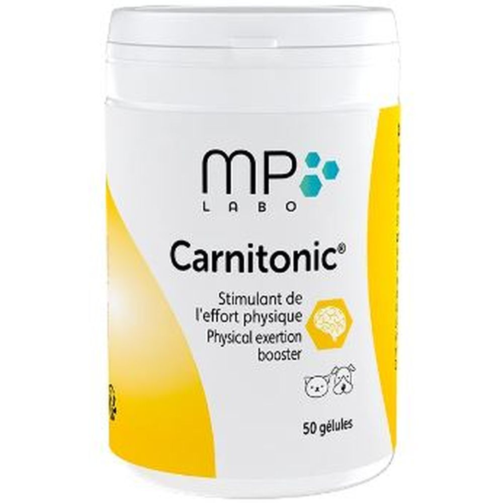 Flacon blanc avec étiquette jaune. Inscription: MP LABO Carnitonic, 50 gélules. Avec logo et illustrations.