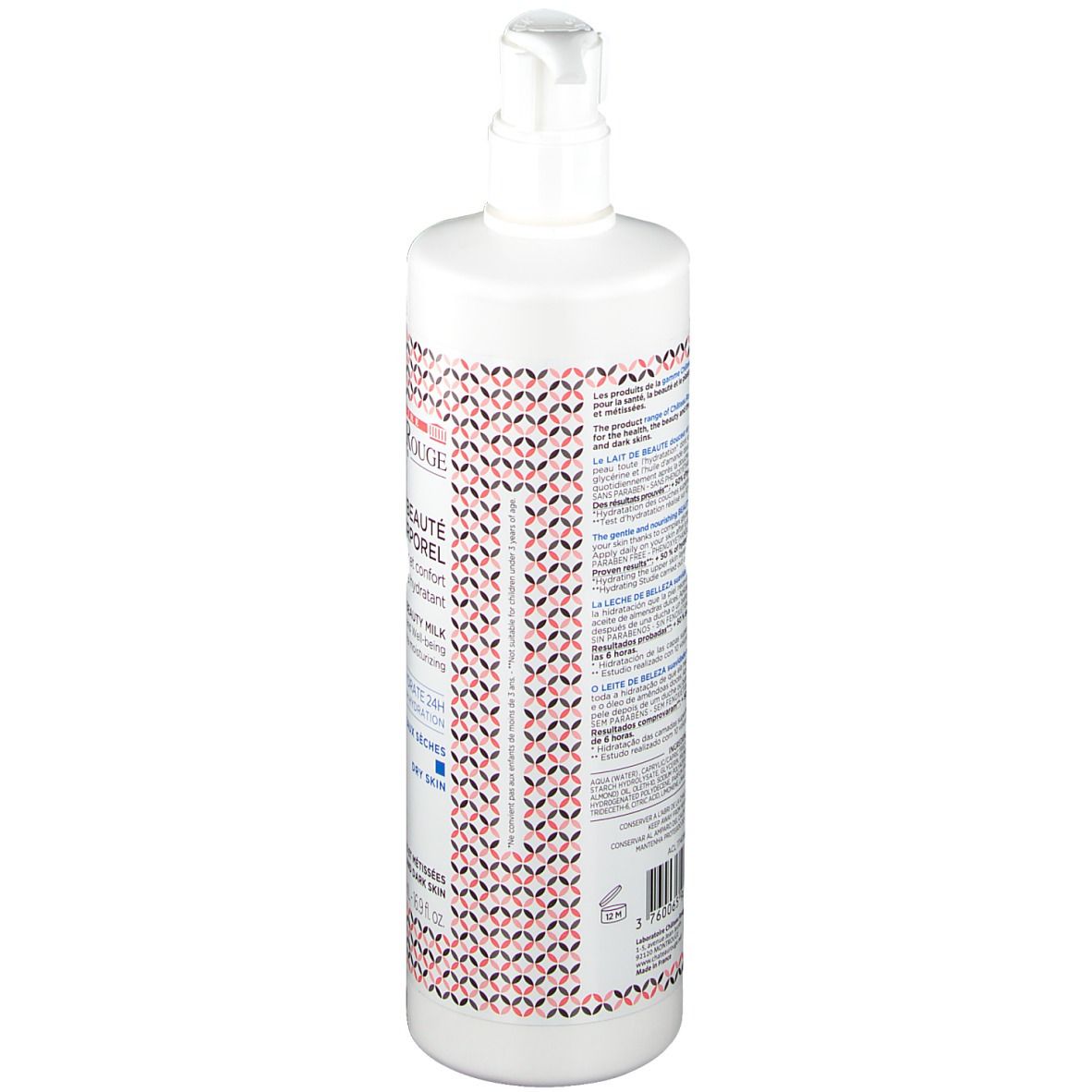 Weiße Flasche mit Pumpe. Rückseite mit Text und Muster. Produktname nicht sichtbar.