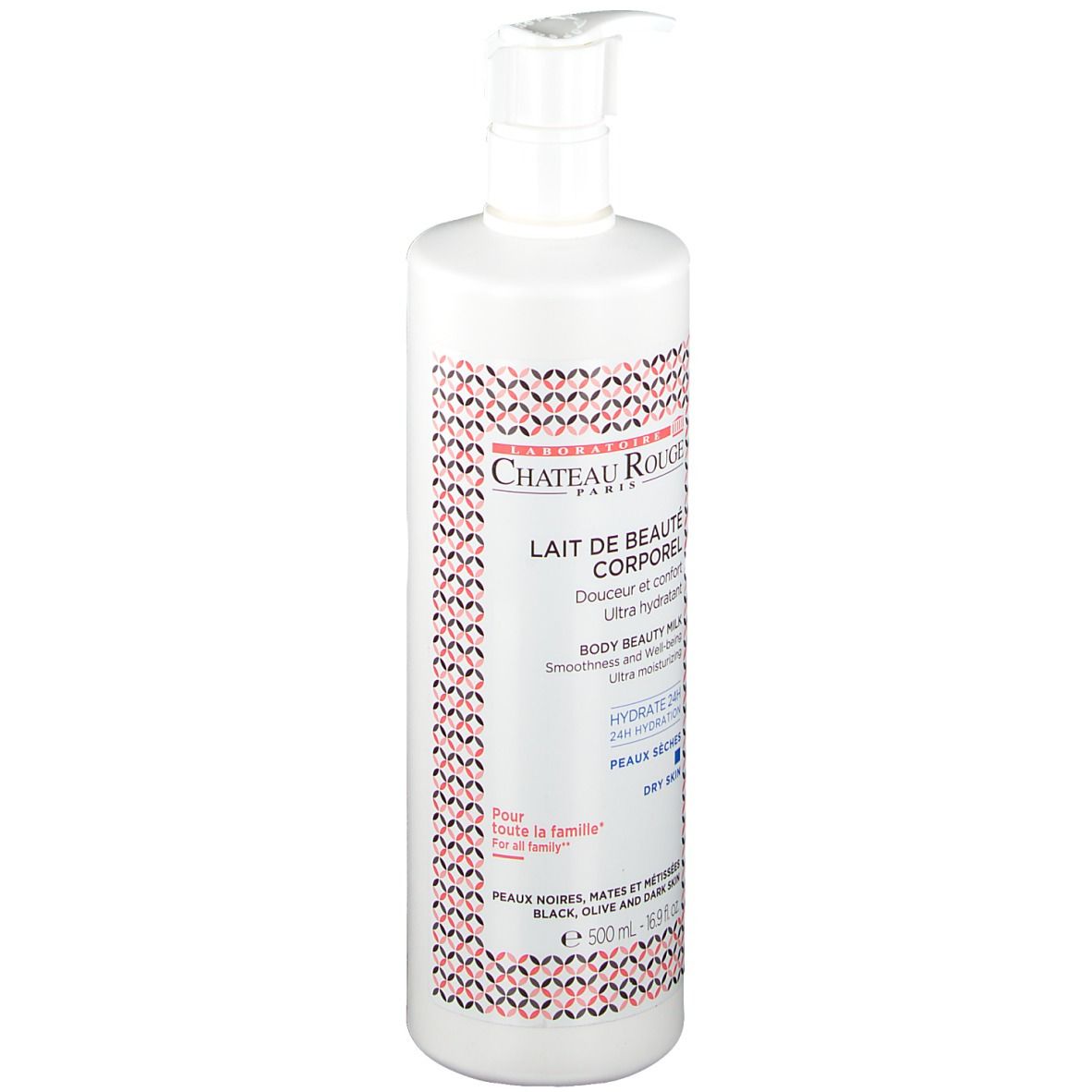 Weiße Flasche mit Pumpe. Aufschrift: Château Rouge, Lait de Beauté Corporel, Hydrate 24H, Peaux sèches.