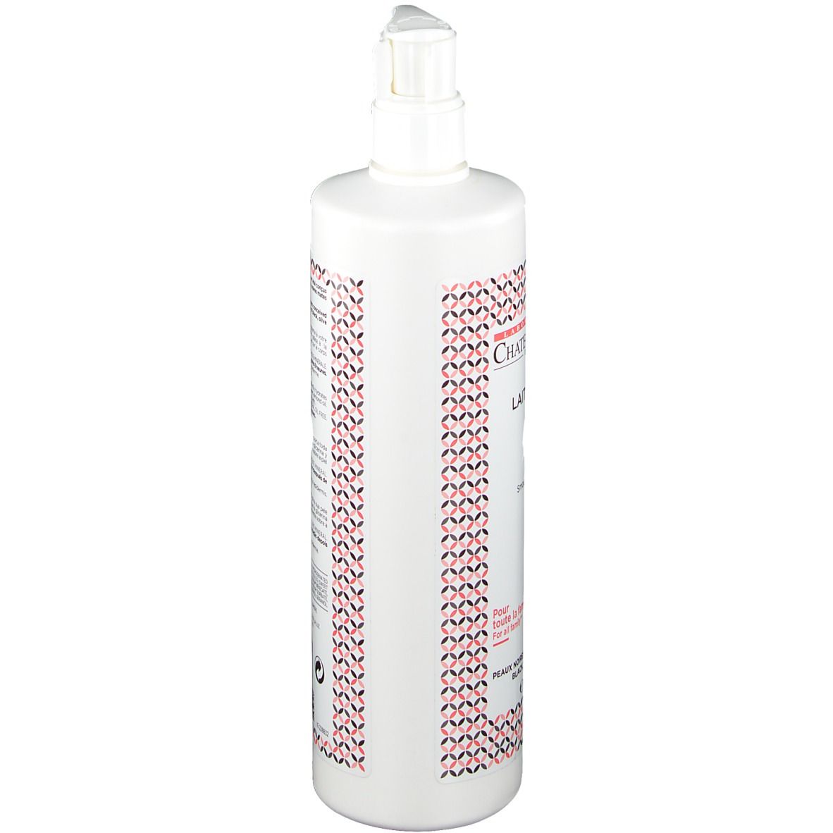 Weiße Flasche mit Pumpe. Rückseite mit Text und Muster. Produktname nicht sichtbar.