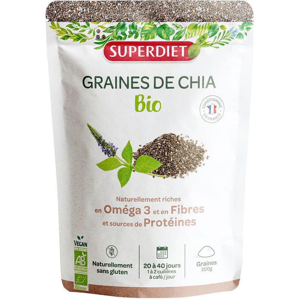 Sachet de graines de chia SUPERDIET Bio. Contient oméga 3, fibres et protéines. Sans gluten. Certification AB.