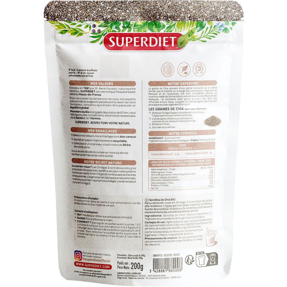 Dos du sachet de graines de chia. Marque SUPERDIET. Informations ingrédients, valeurs nutritionnelles et mode d'emploi.