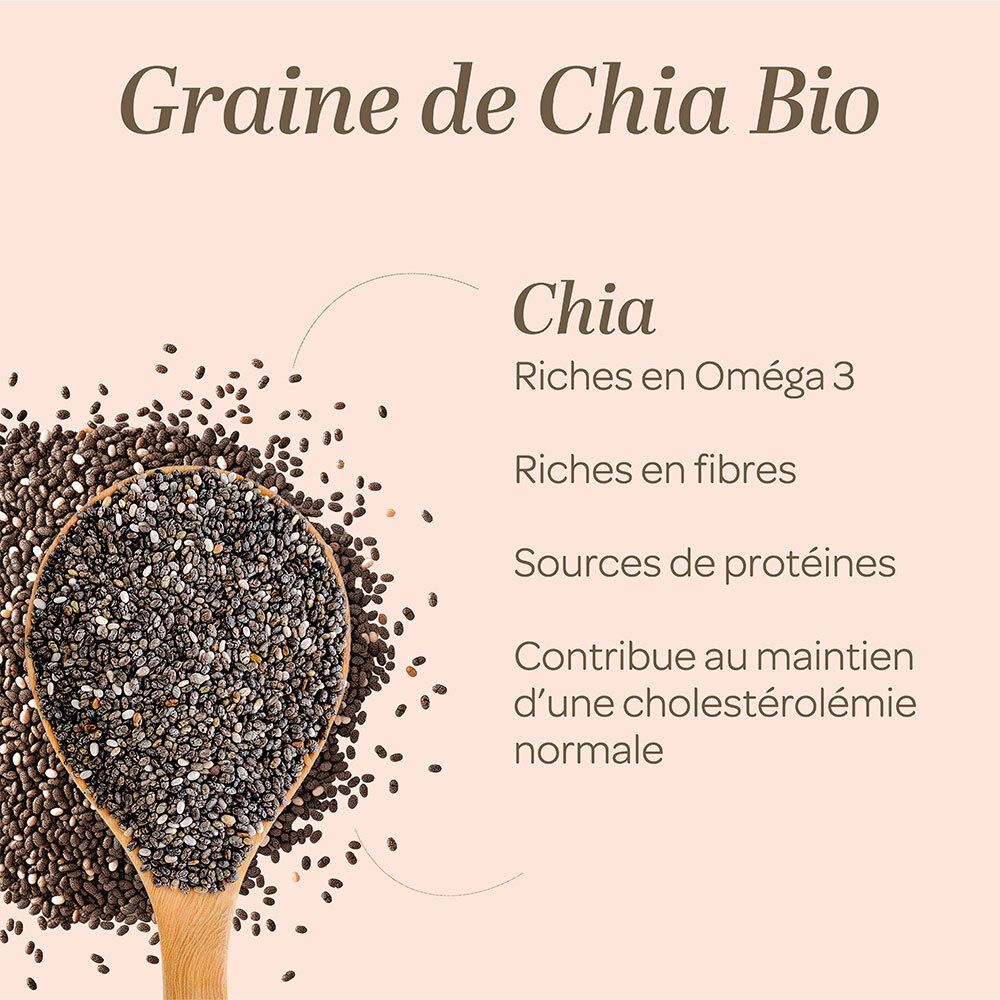 Graines de chia sur une cuillère. Texte: Chia, riches en oméga 3, fibres et protéines. Aide au cholestérol.