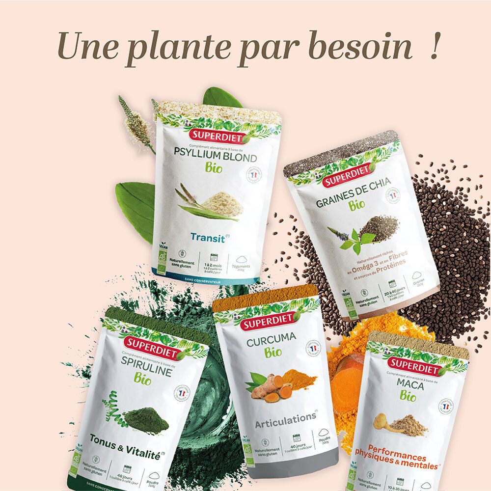 Différents produits SUPERDIET Bio. Graines de chia, spiruline, curcuma, maca et psyllium. Différents emballages.