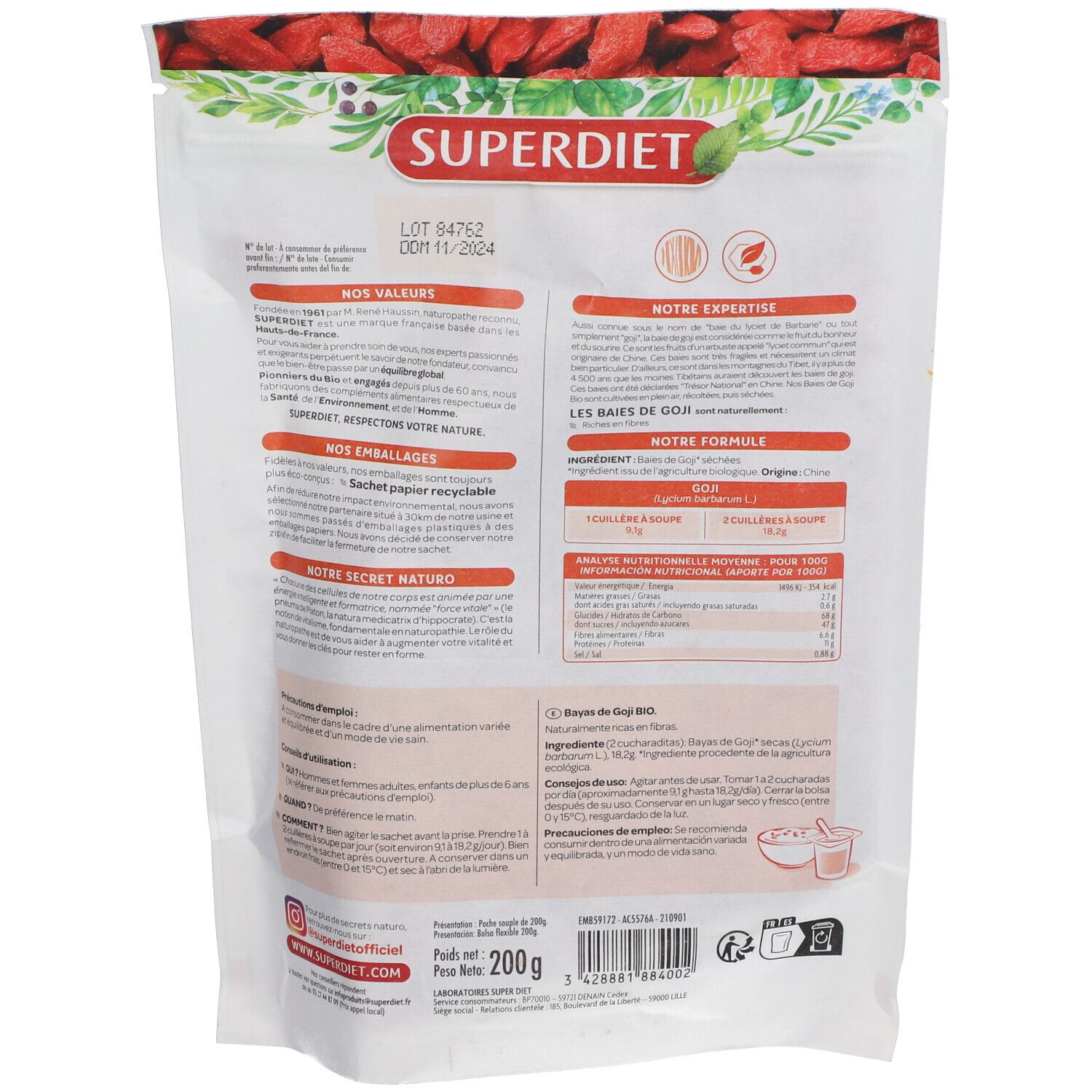 SUPERDIET GOJI BAIES Bio. Rückseite der Verpackung. Informationen zu Inhaltsstoffen, Nährwerten und Herkunft.