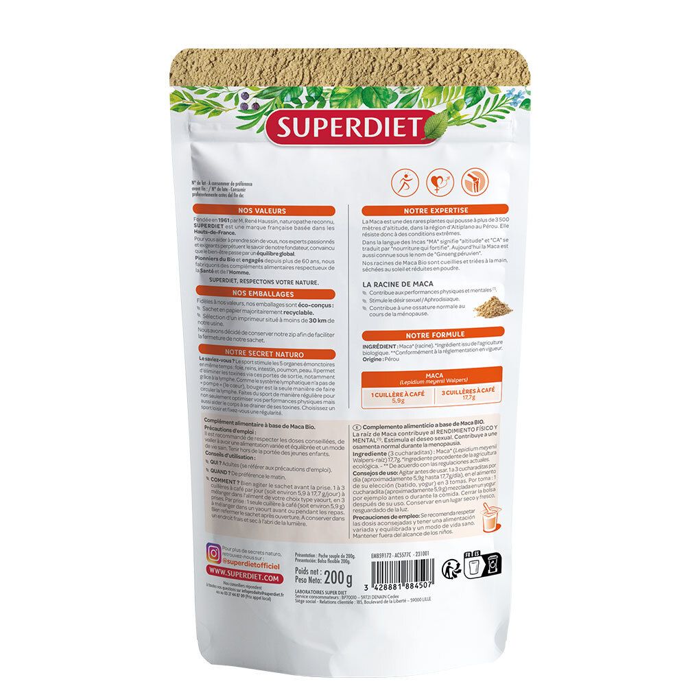 Dos du paquet SUPERDIET Maca Bio-Pudding. Texte: Nos valeurs, Notre expertise, La racine de Maca, Notre formule. 200g.
