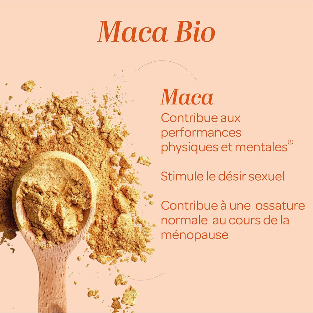 Maca Bio-Pudding, poudre sur cuillère. Texte: Maca, Contribue aux performances physiques et mentales, Stimule le désir sexuel.
