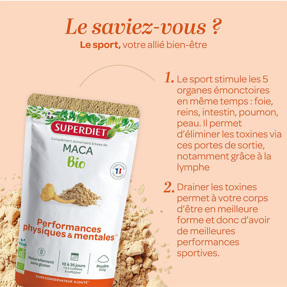 SUPERDIET Maca Bio-Pudding, paquet à côté du texte. Texte: Le saviez-vous ? Le sport, votre allié bien-être. 1. 2.