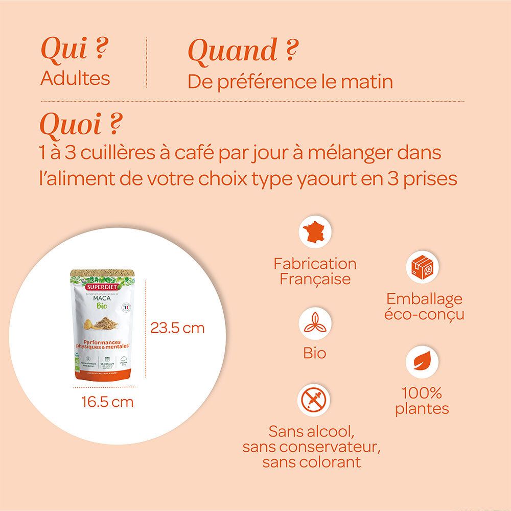 SUPERDIET Maca Bio-Pudding, paquet avec texte. Texte: Qui ? Quand ? Quoi ? Fabrication Française, Emballage éco-conçu.
