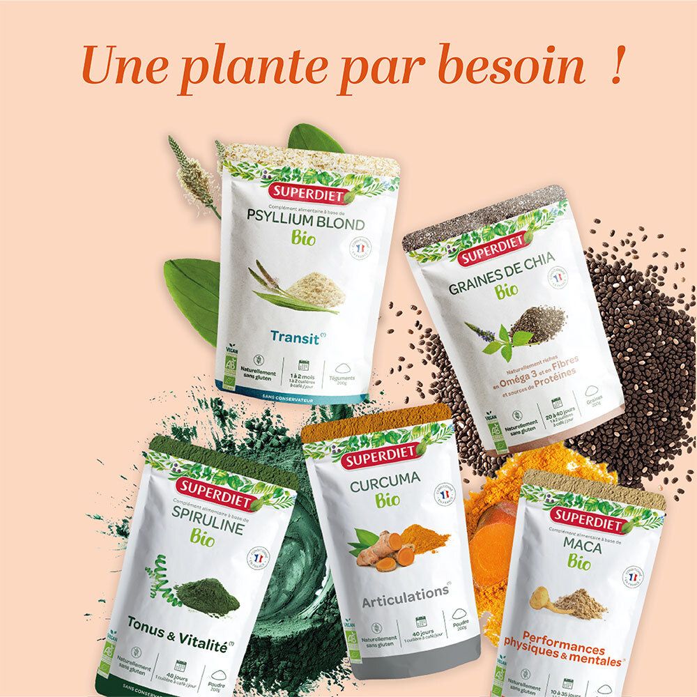 Gamme SUPERDIET. Différents sachets: Spiruline, Curcuma, Maca, Graines de Chia, Psyllium Blond. Texte: Bio.