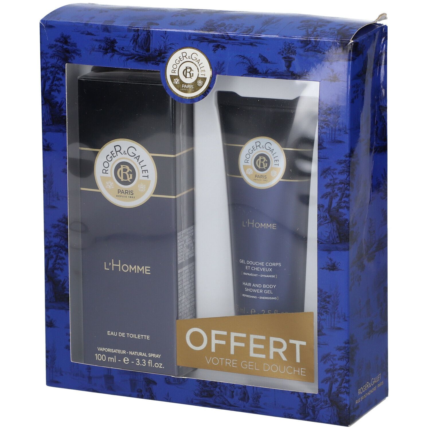 Coffret cadeau Roger & Gallet. Contient Eau de Toilette et gel douche. Emballage bleu et noir avec fenêtre.