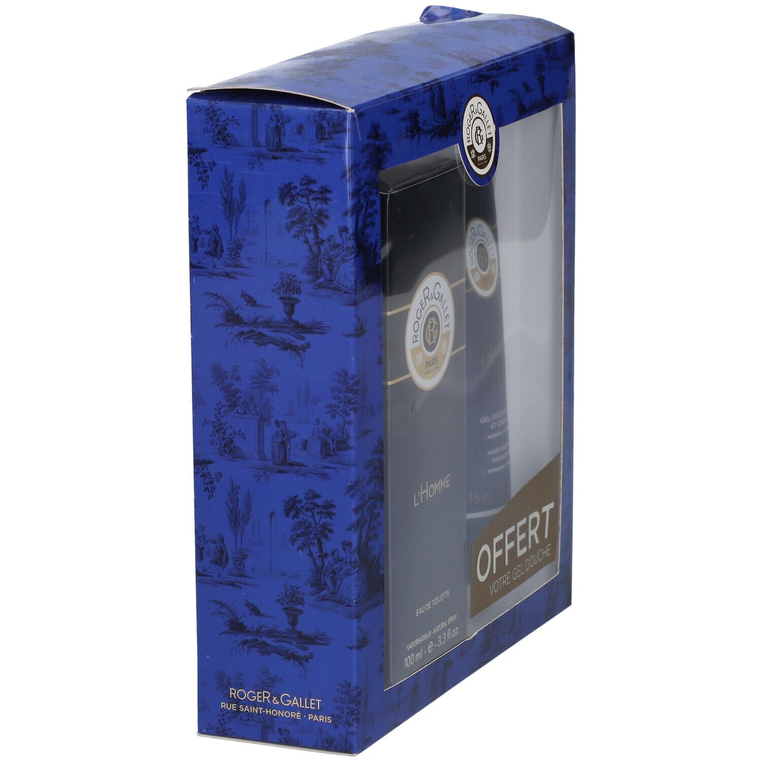 Coffret cadeau Roger & Gallet. Emballage bleu avec motif paysage et fenêtre. Contient Eau de Toilette et gel douche.