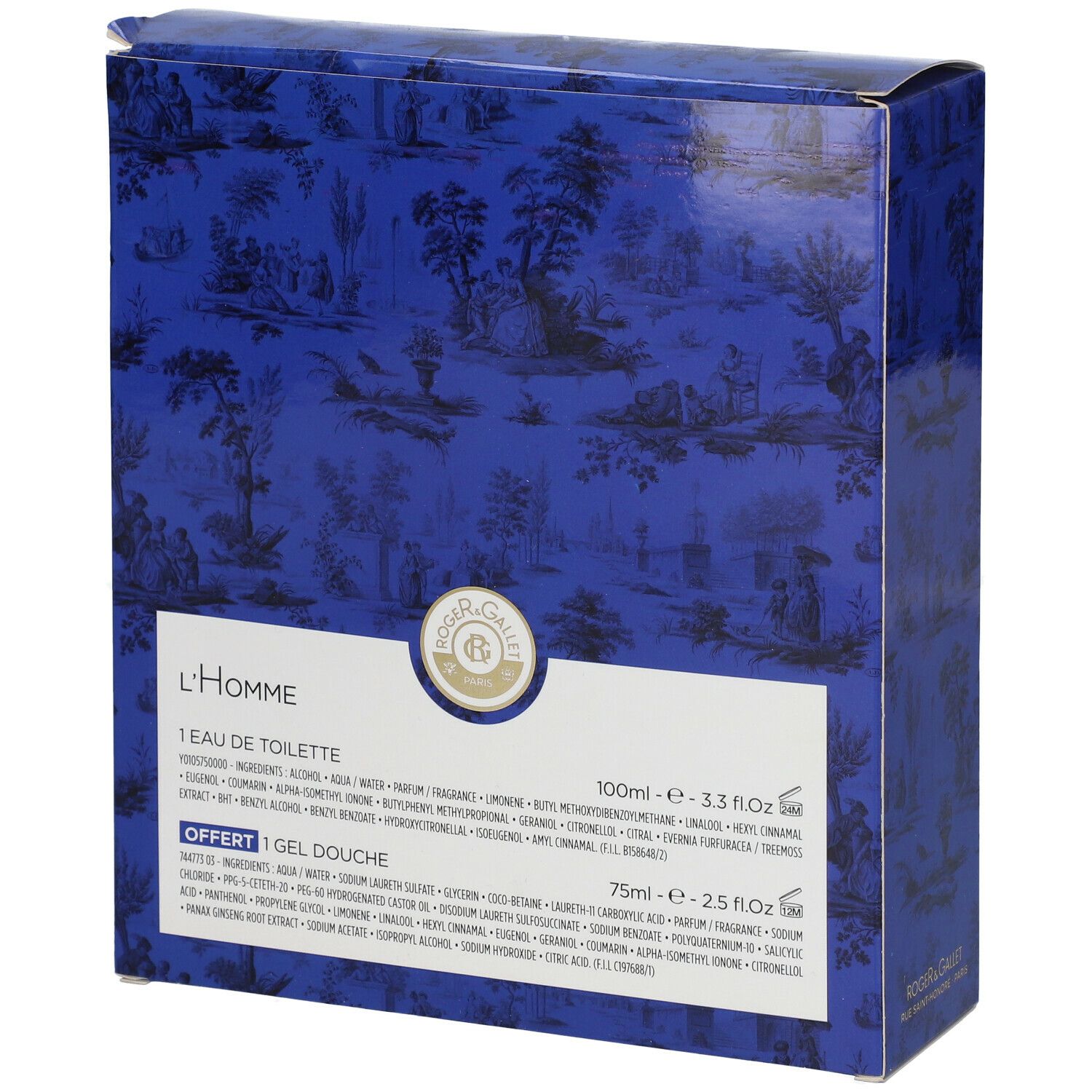 Dos du coffret cadeau. Emballage bleu avec motif paysage. Contient Eau de Toilette et gel douche. Roger & Gallet.