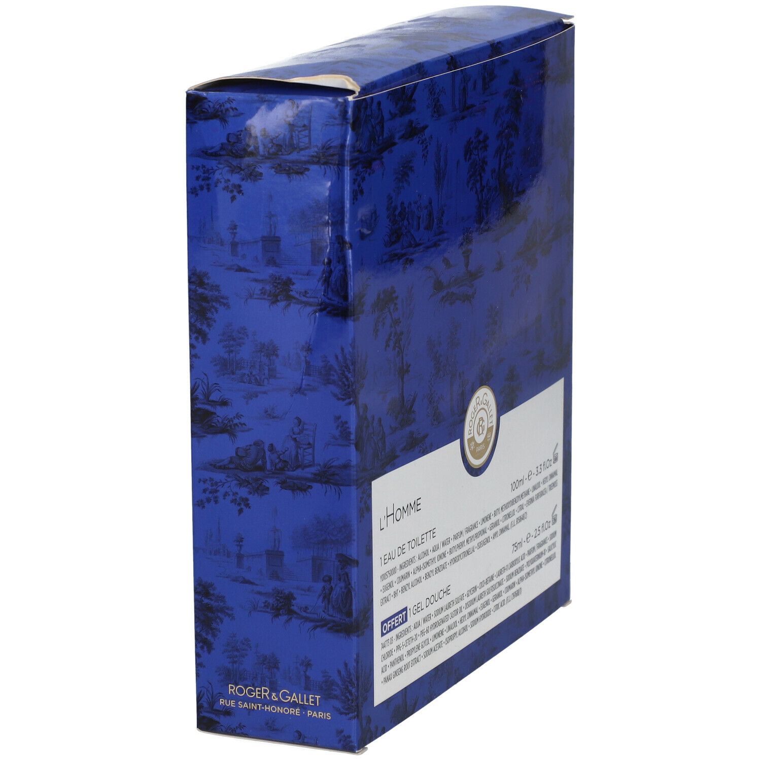 Coffret cadeau en biais. Emballage bleu avec motif paysage. Contient Eau de Toilette et gel douche. Roger & Gallet.