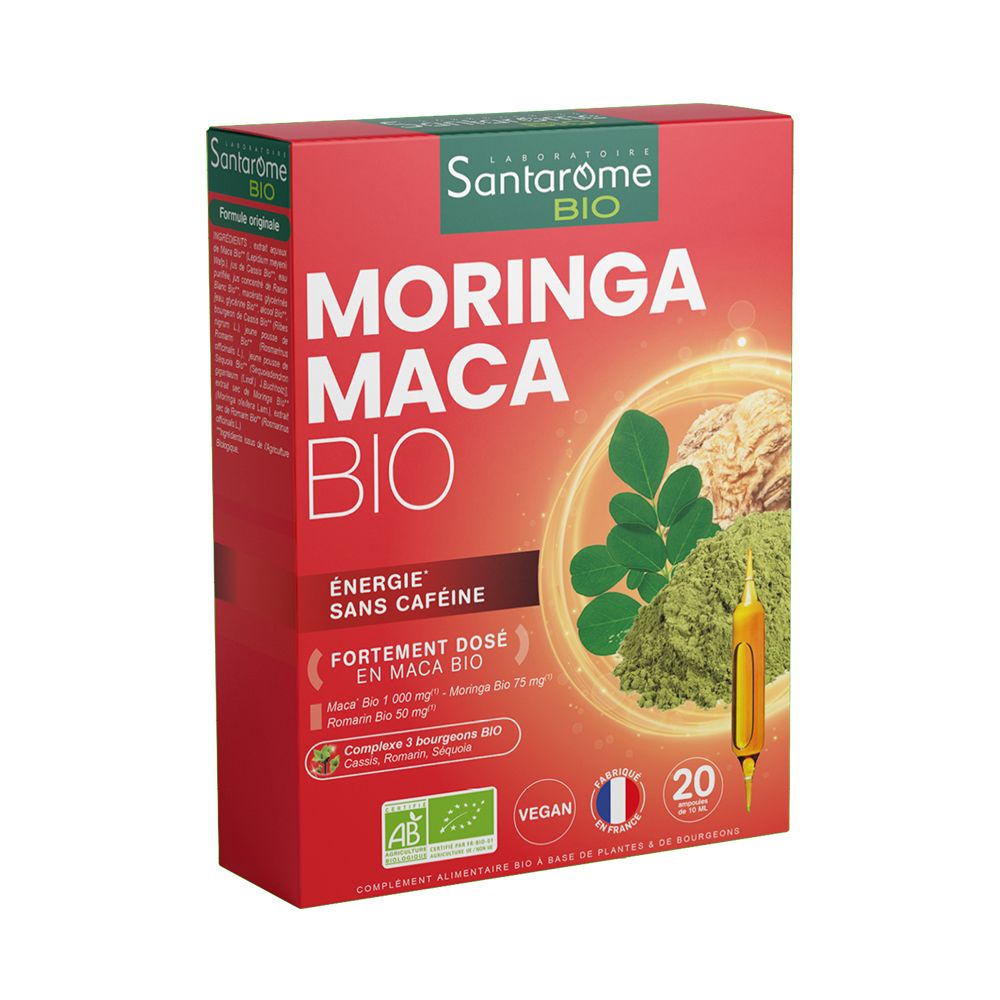 Rote Schachtel mit Santarome Bio Moringa Maca. Enthält 20 Ampullen. Vegan, AB-Zertifizierung. Enthält Moringa, Maca und Romarin.