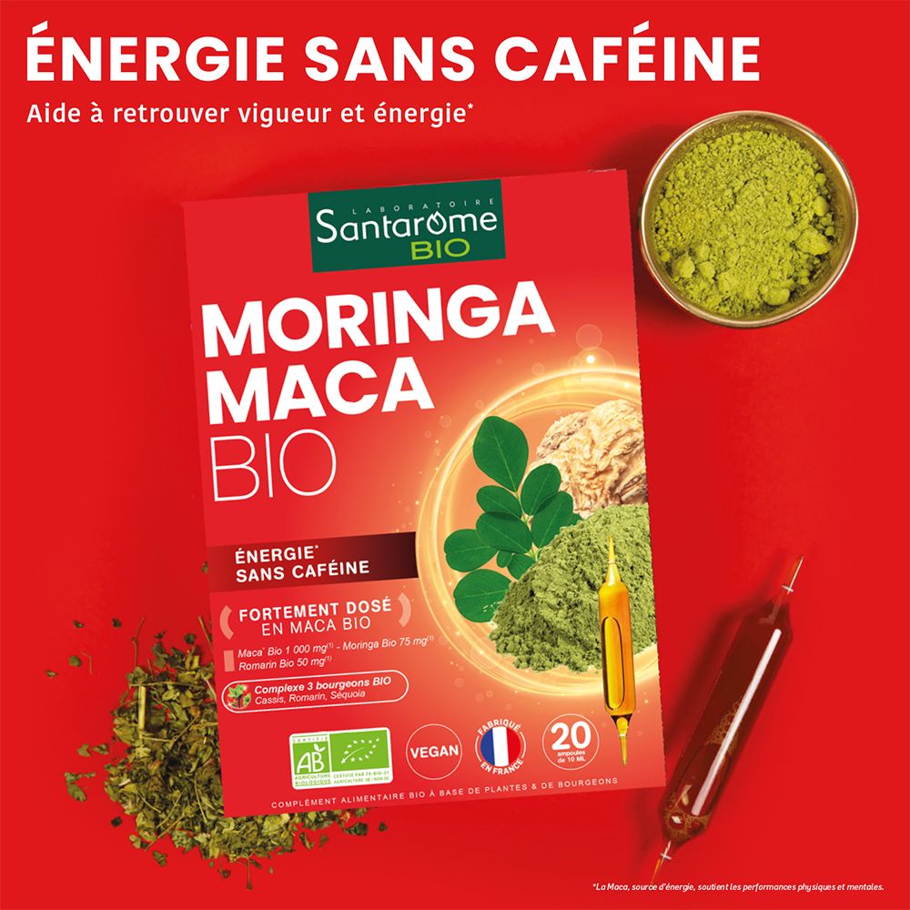 Rote Verpackung mit Santarome Bio Moringa Maca. Enthält 20 Ampullen. Vegan, AB-Zertifizierung. Mit Moringa, Maca und Romarin.
