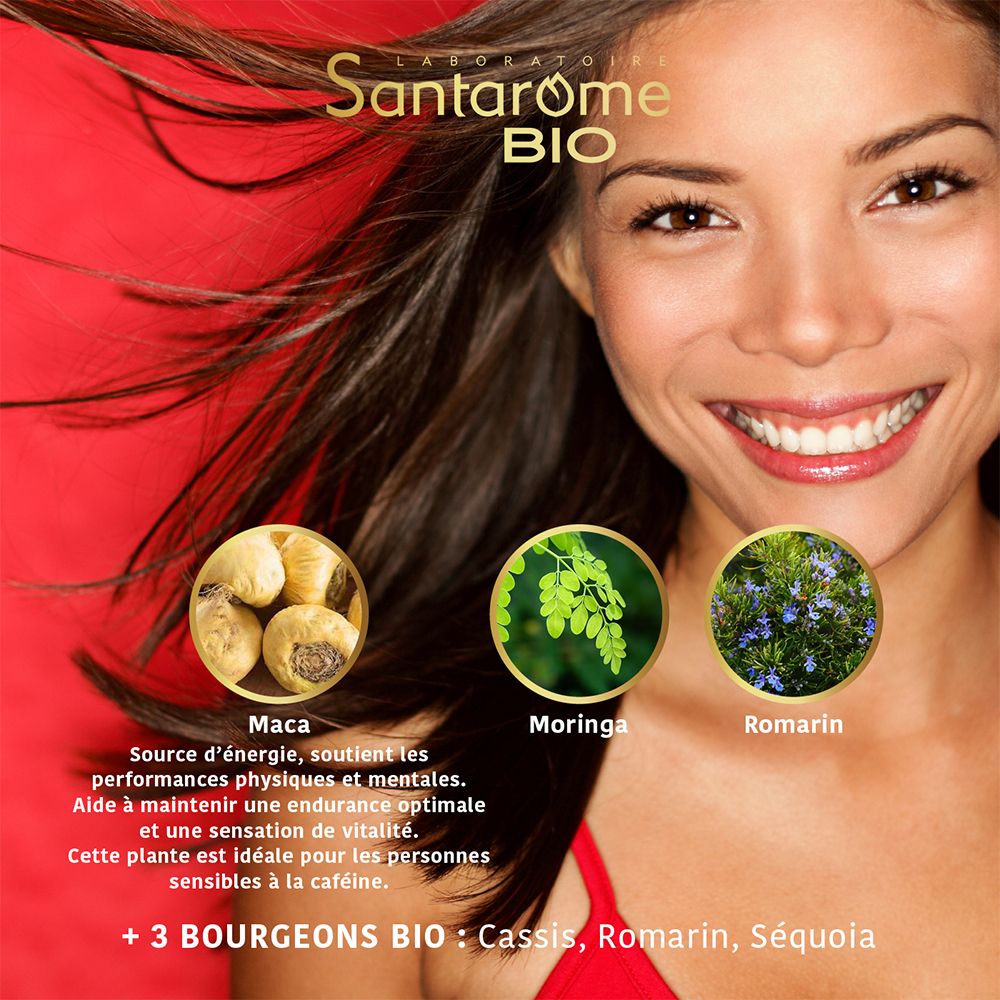 Frau mit Santarome Bio. Kreise mit Maca, Moringa und Romarin. Text: Energiequelle, unterstützt Leistung. +3 Bio-Knospen.