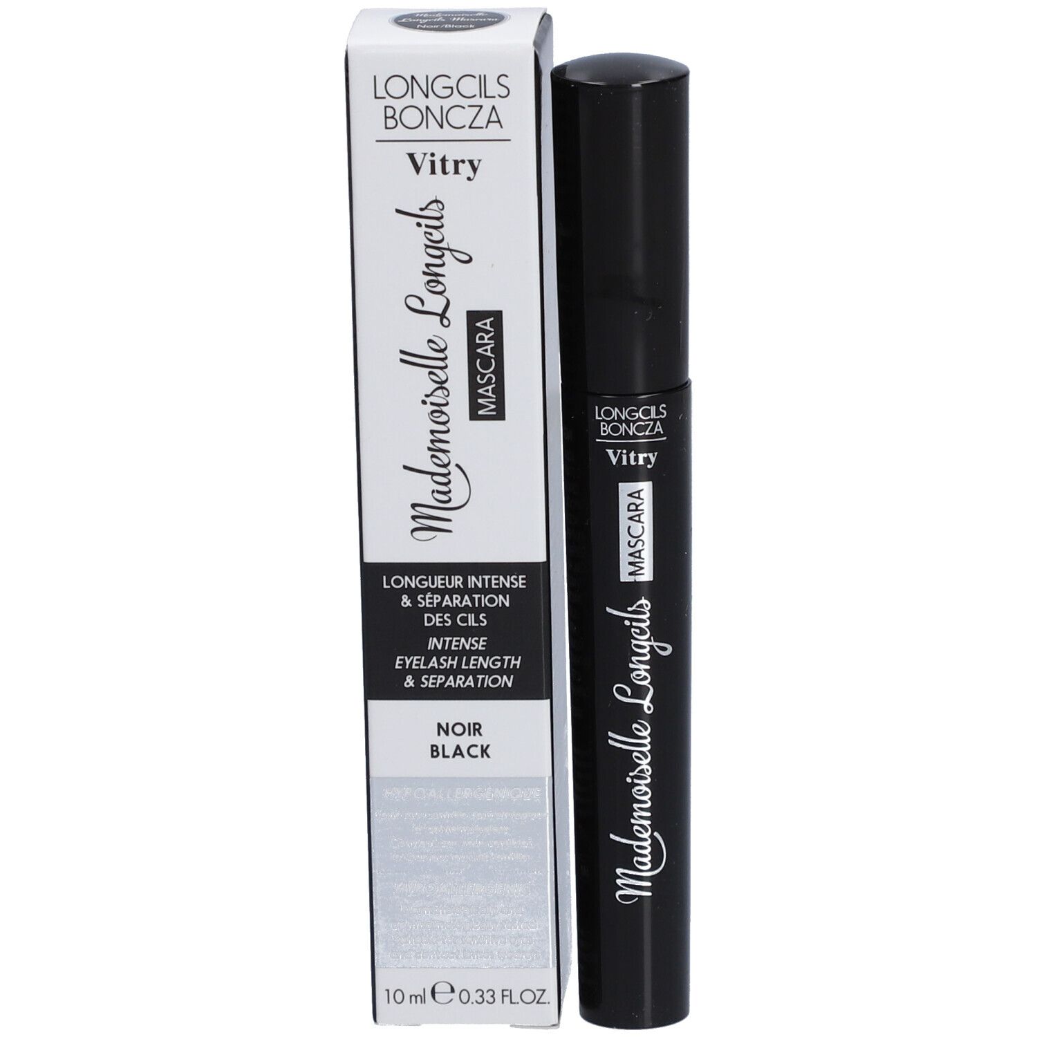 Tube et emballage de mascara noir. Sur l'emballage : "Vitry Mademoiselle Longcils Mascara". 10 ml.