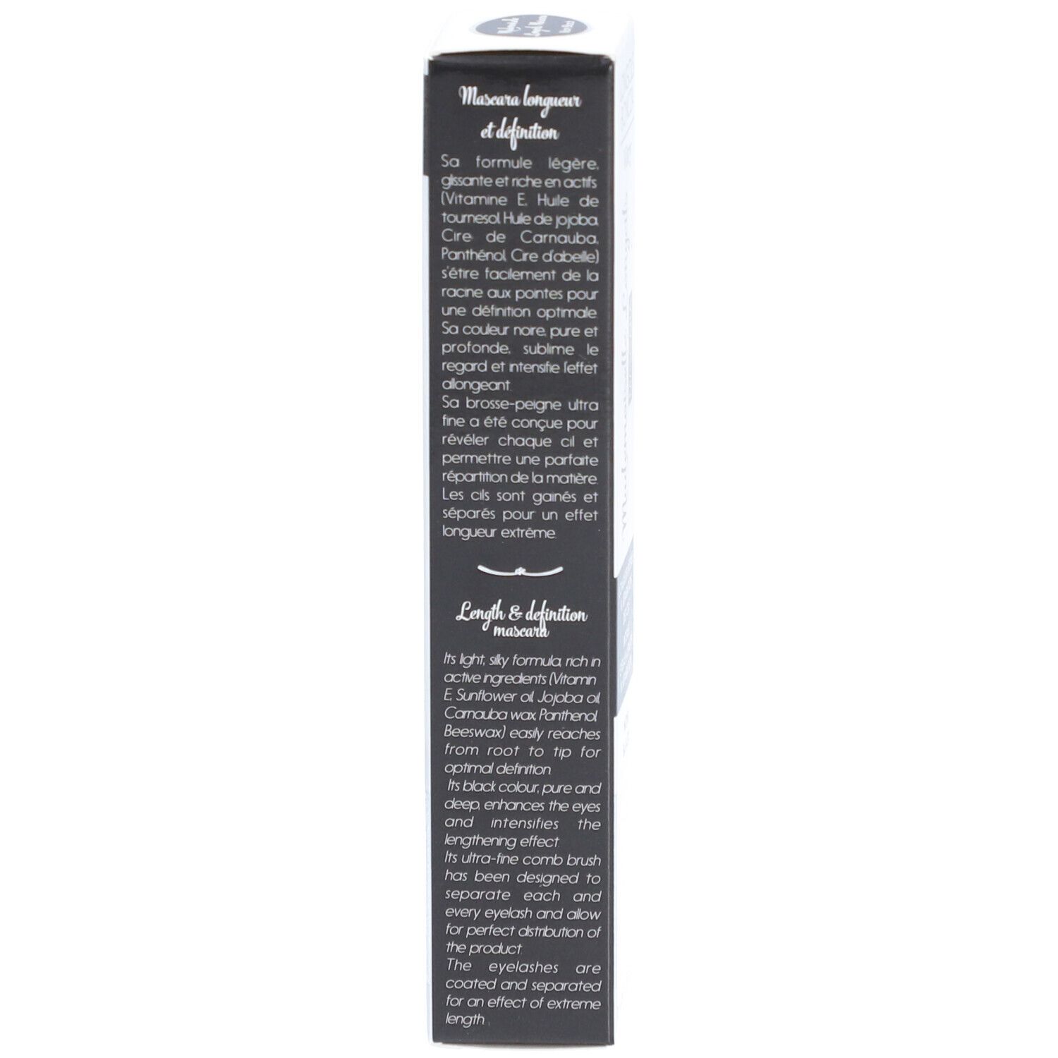 Emballage avec texte. Contient ingrédients et description. "Longueur intense & séparation des cils".