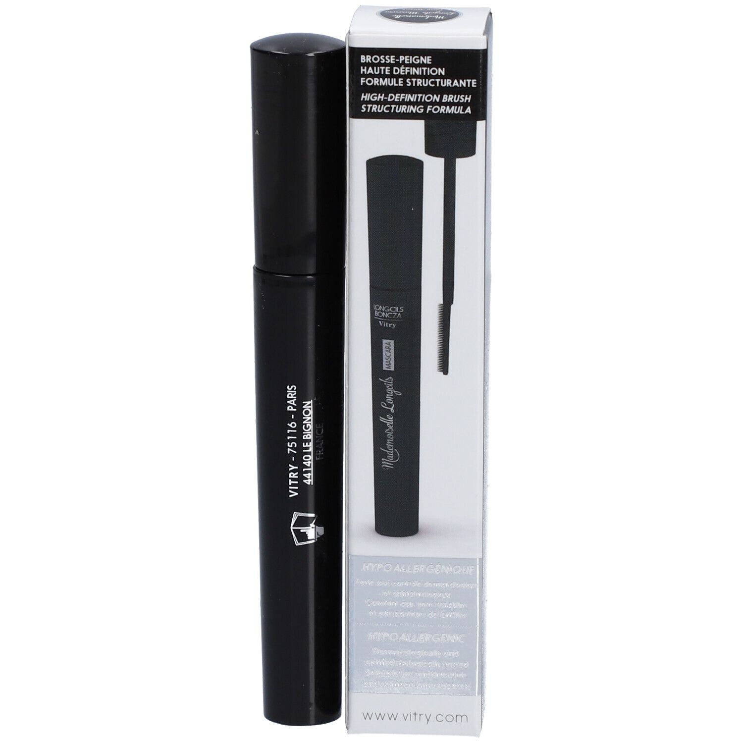 Tube et emballage de mascara noir. Sur l'emballage : "Vitry Mademoiselle Longcils Mascara".