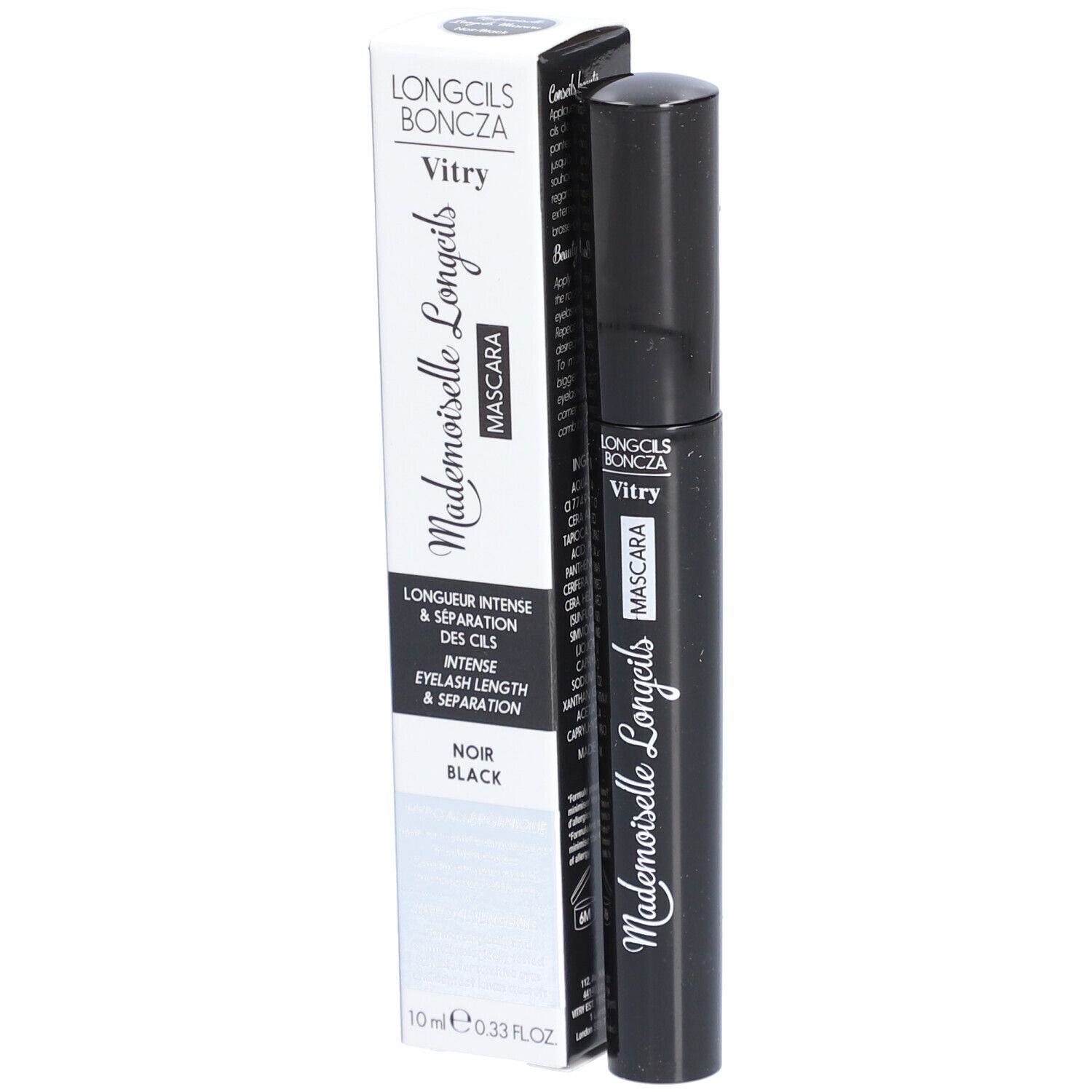 Tube et emballage de mascara noir. Sur l'emballage : "Vitry Mademoiselle Longcils Mascara". 10 ml.