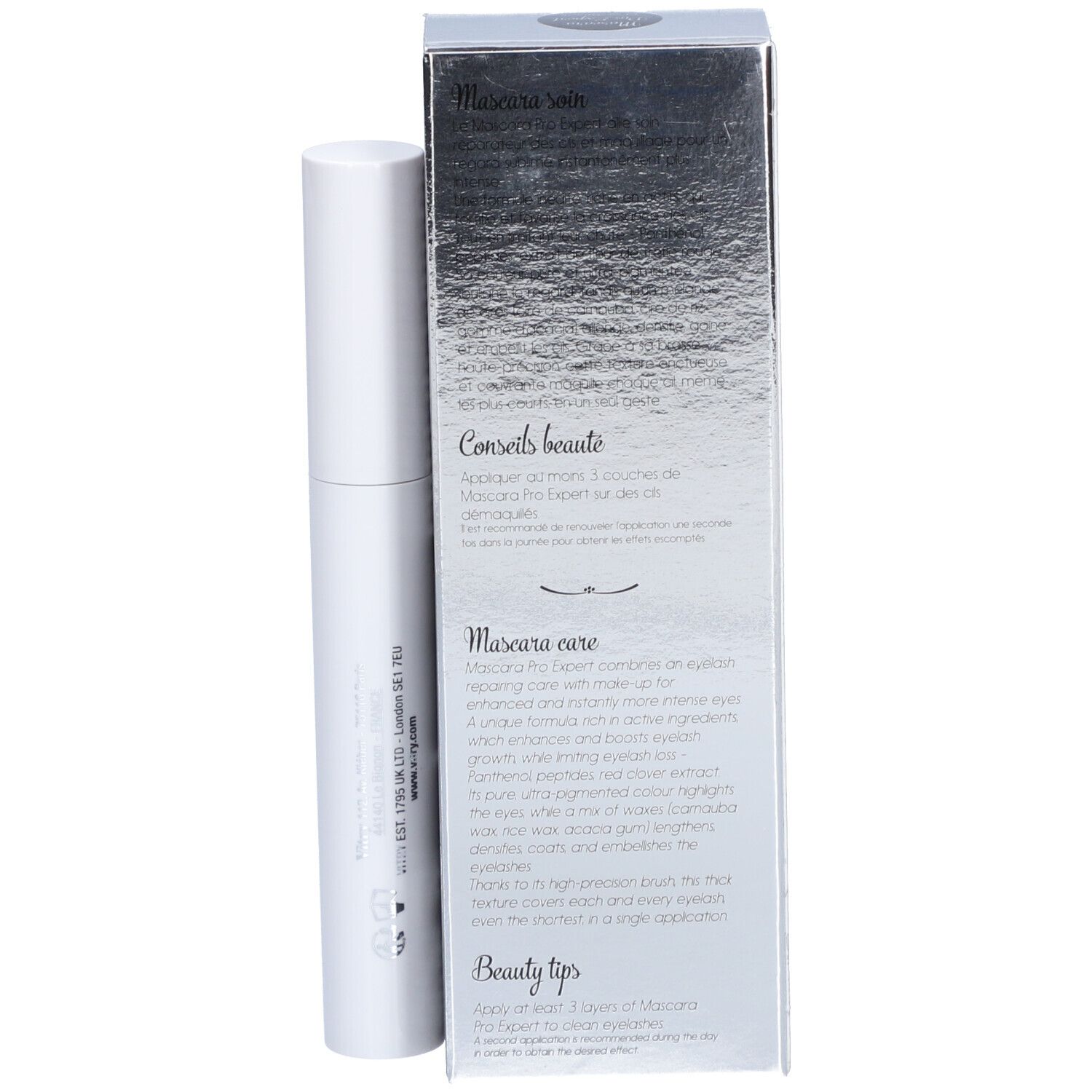 Mascara Pro Expert Vitry Longcils Boncza. Tube et boîte blancs. Informations produit sur la boîte.