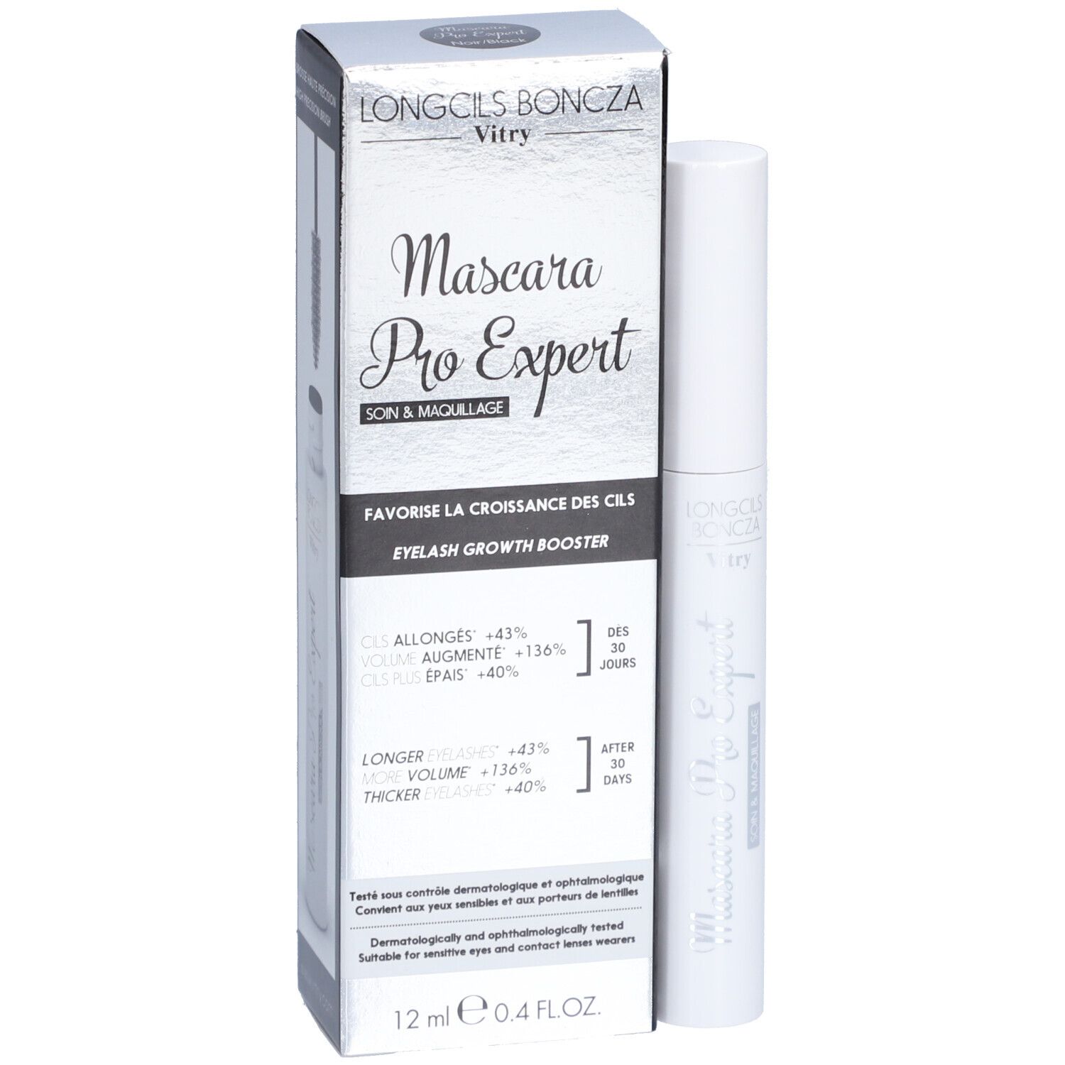 Mascara Pro Expert Vitry Longcils Boncza. Tube et boîte blancs. Contient 12 ml. Eyelash Growth Booster.