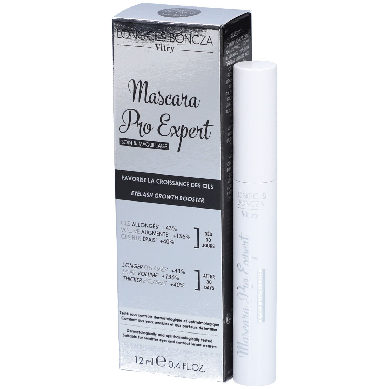 Mascara Pro Expert Vitry Longcils Boncza. Tube et boîte blancs. Contient 12 ml. Eyelash Growth Booster.