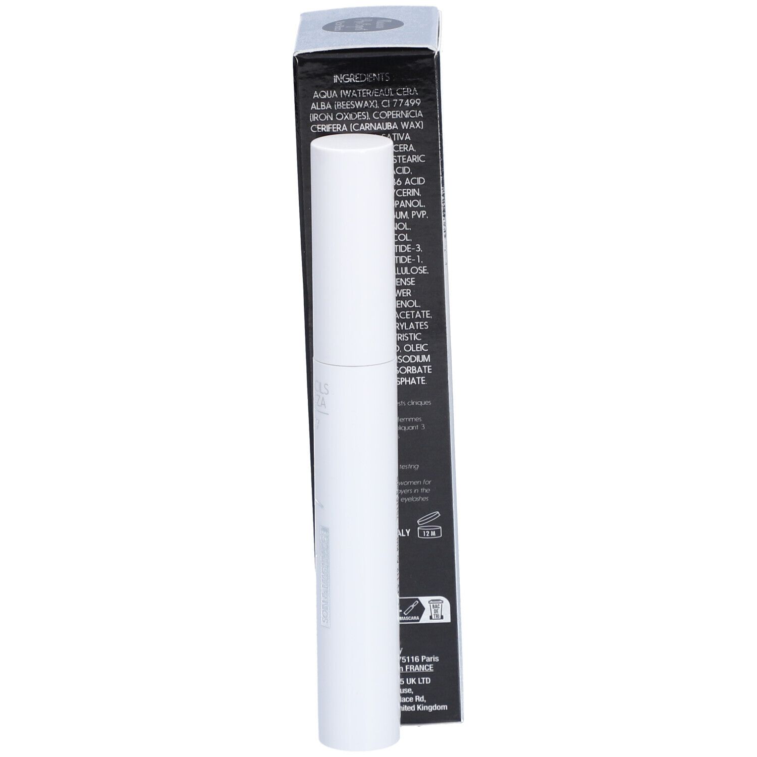 Mascara Pro Expert Vitry Longcils Boncza. Tube blanc et boîte noire. Ingrédients sur la boîte.