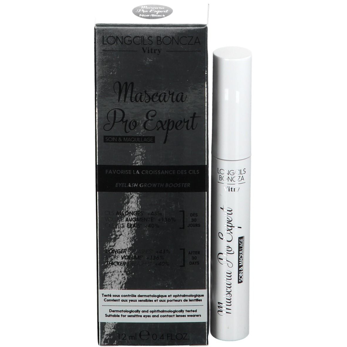 Mascara Pro Expert Vitry Longcils Boncza. Tube et boîte blancs. Contient 12 ml. Eyelash Growth Booster.
