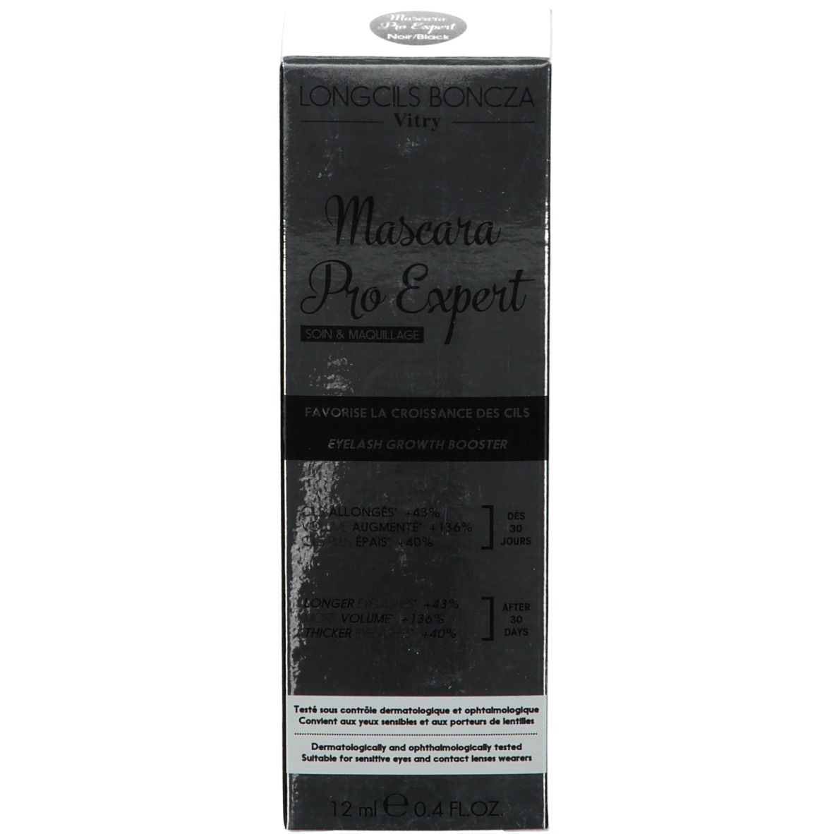 Mascara Pro Expert Vitry Longcils Boncza. Boîte noire avec informations produit. Contient 12 ml.