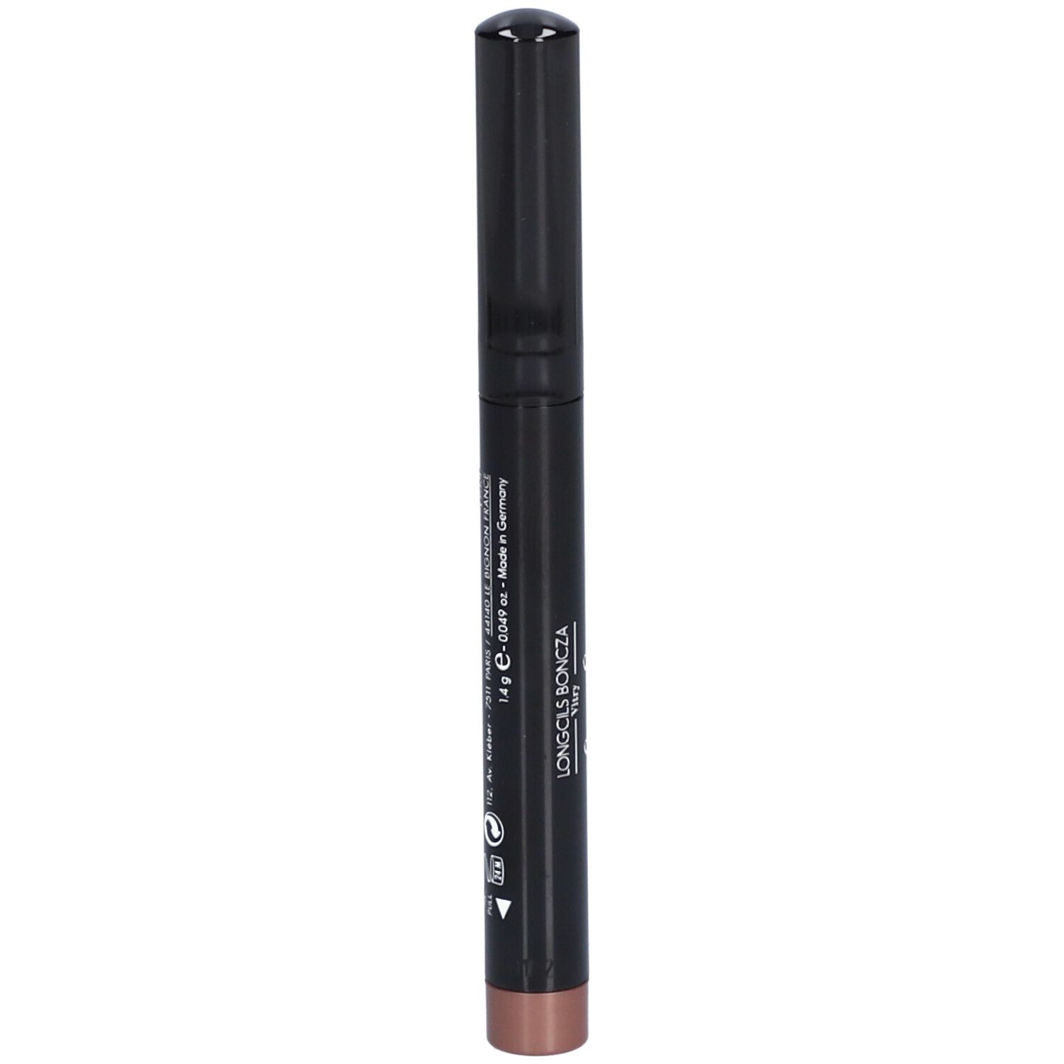 Crayon ombre à paupières marron foncé avec capuchon noir. Inscription: Longcils Boncza. Fabriqué en Allemagne.