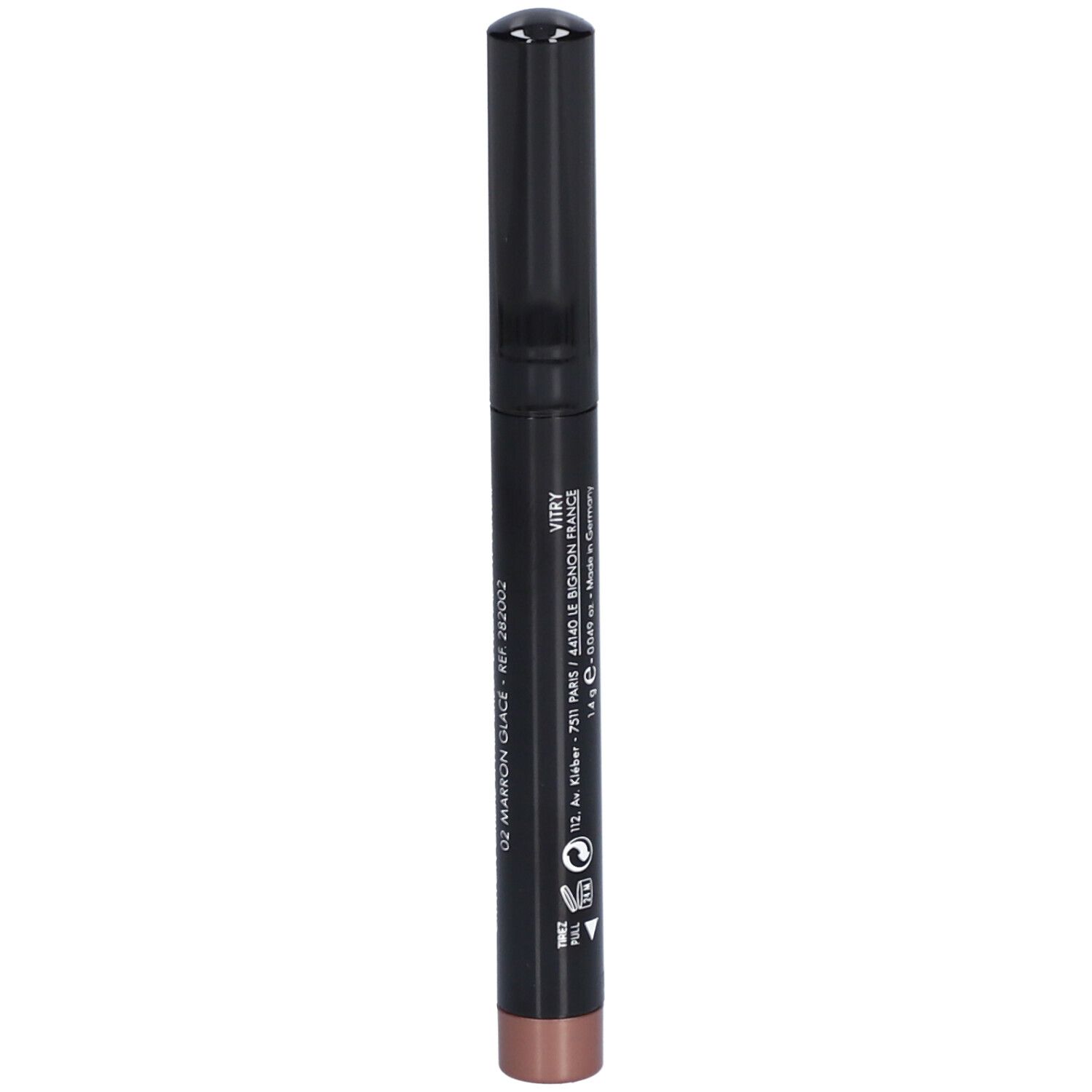 Crayon ombre à paupières marron foncé avec capuchon noir. Inscription: Marron Glacé. Fabriqué en France.