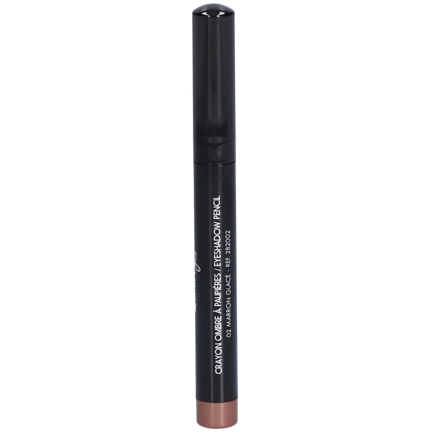 Crayon ombre à paupières marron foncé avec capuchon noir. Inscription: Crayon Ombre à Paupières.