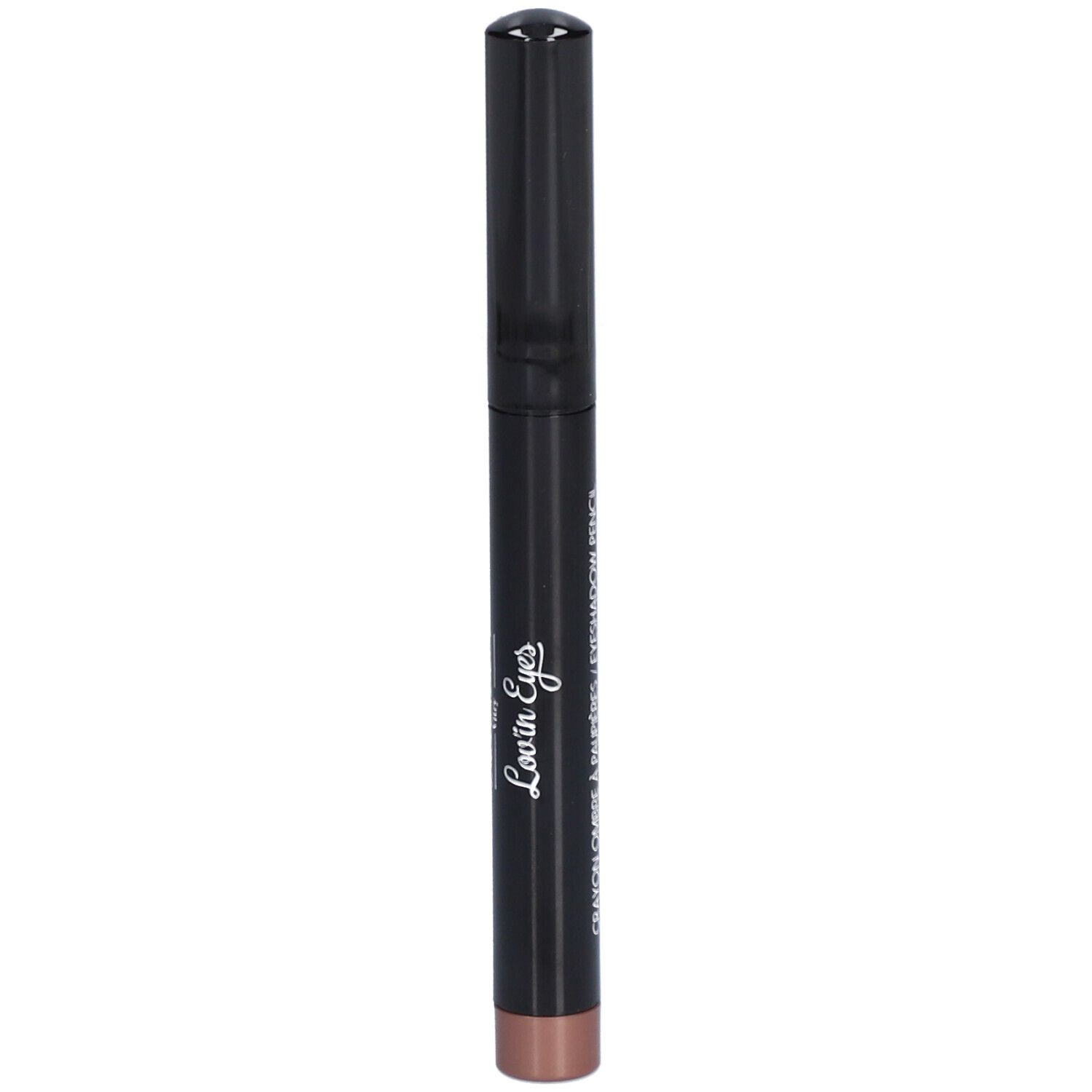 Crayon ombre à paupières marron foncé avec capuchon noir. Inscription: Lov'in Eyes. Crayon Ombre à Paupières.