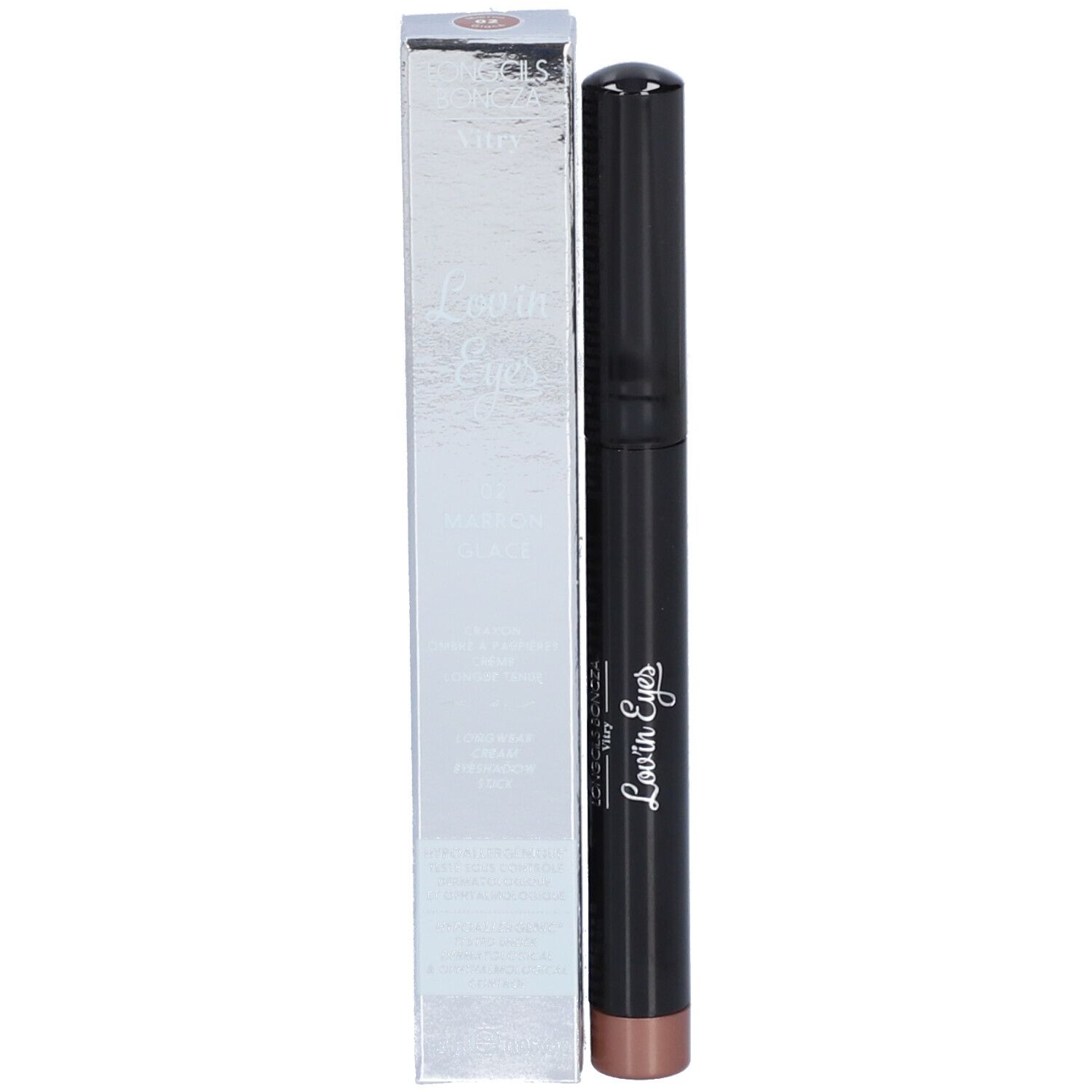 Crayon ombre à paupières marron foncé avec capuchon noir et emballage argenté. Inscription: Lov'in Eyes.