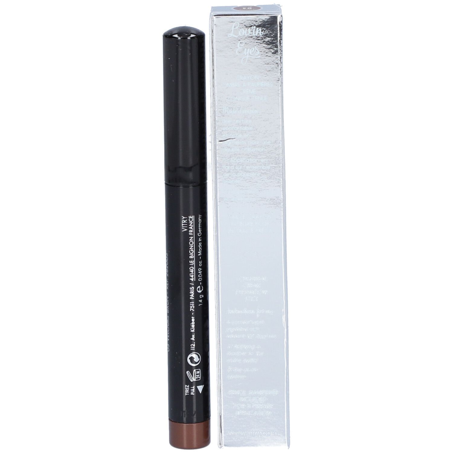Crayon ombre à paupières marron et boîte. La boîte indique "VITRY". Le crayon est noir avec une pointe marron.