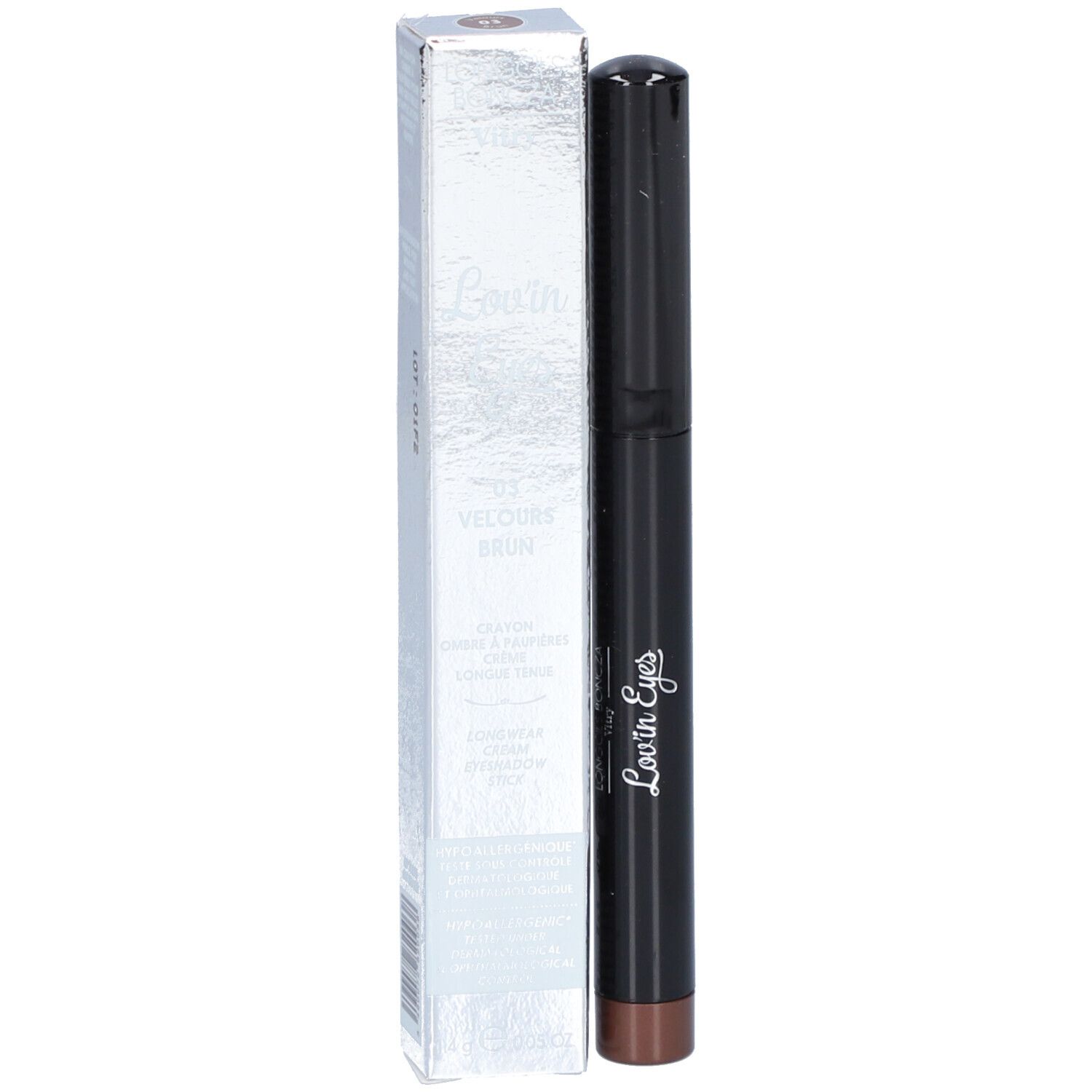 Crayon ombre à paupières marron et boîte. La boîte indique "Lovin' Eyes" et "03 Velours Brun".