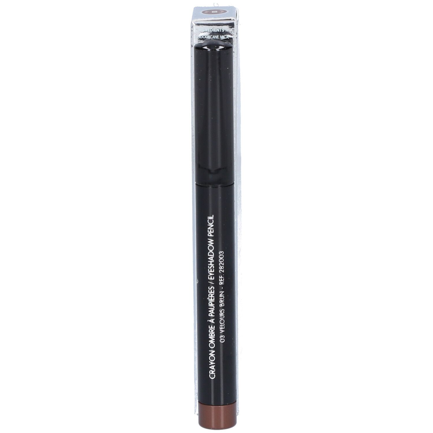 Crayon ombre à paupières marron dans un étui transparent. Le crayon indique "03 Velours Brun".