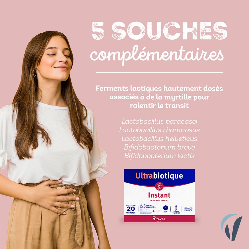Femme les yeux fermés, main sur le ventre. Petit paquet Ultrabiotique Instant avec 20 milliards de bactéries et 5 souches.