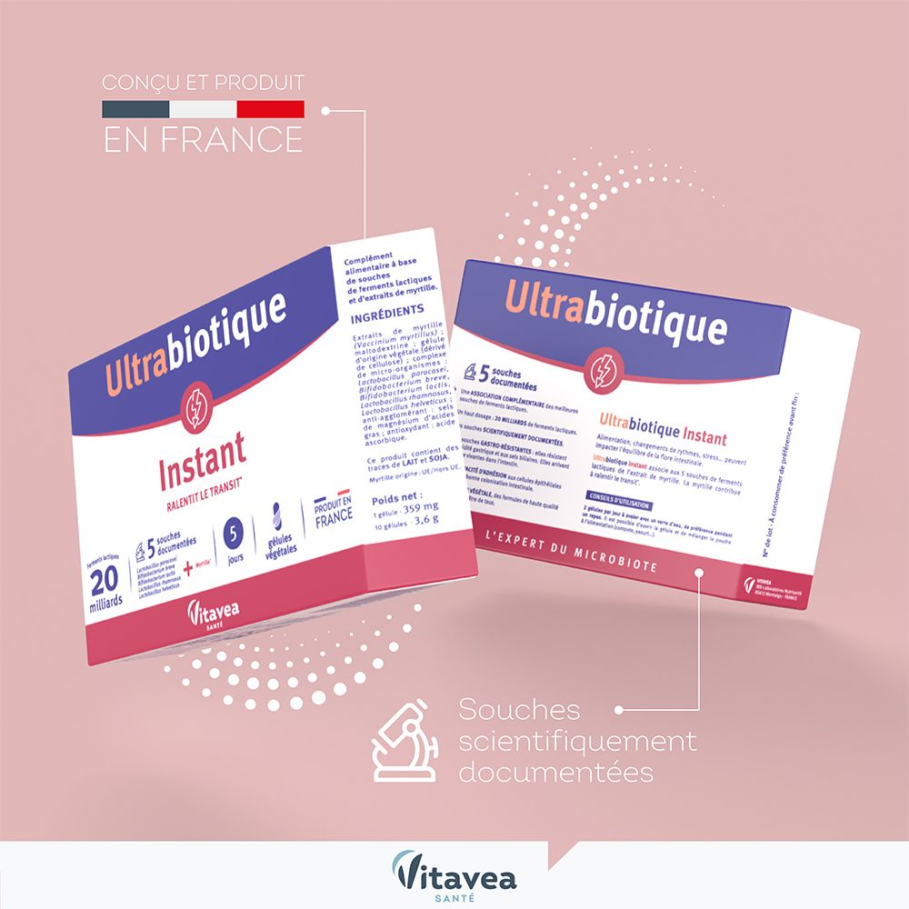 Deux boîtes Ultrabiotique Instant. Inscription : « Fabriqué en France ». 20 milliards de bactéries, 5 souches, 5 jours.