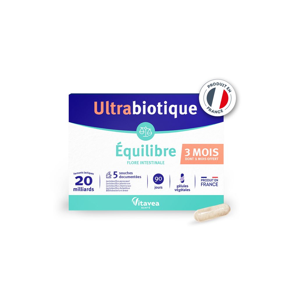 Verpackung von Ultrabiotique Équilibre mit einer Kapsel. Enthält 20 Milliarden Milchsäurebakterien, 5 dokumentierte Stämme, 90 Tage, pflanzliche Kapseln.