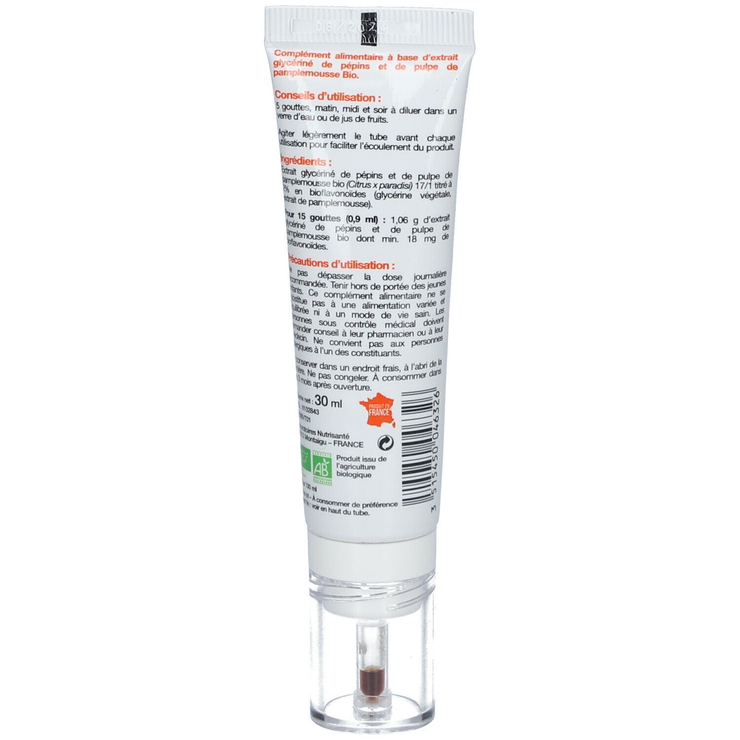 Dos du tube. Texte avec ingrédients et instructions d'utilisation. Label AB. Bouchon doseur transparent.