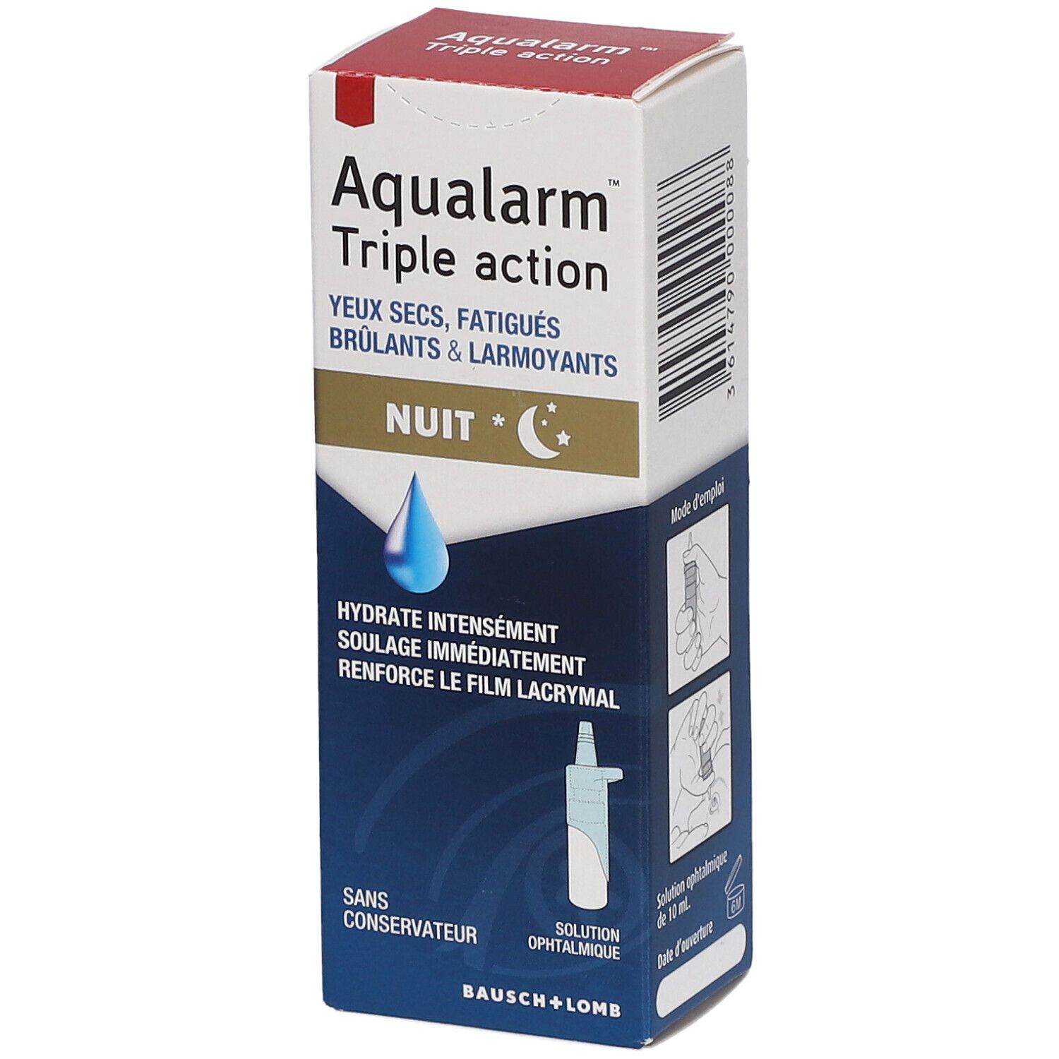 Aqualarm Triple action. Hydratation pour yeux secs, fatigués, brûlants et larmoyants. Nuit. Bausch + Lomb.