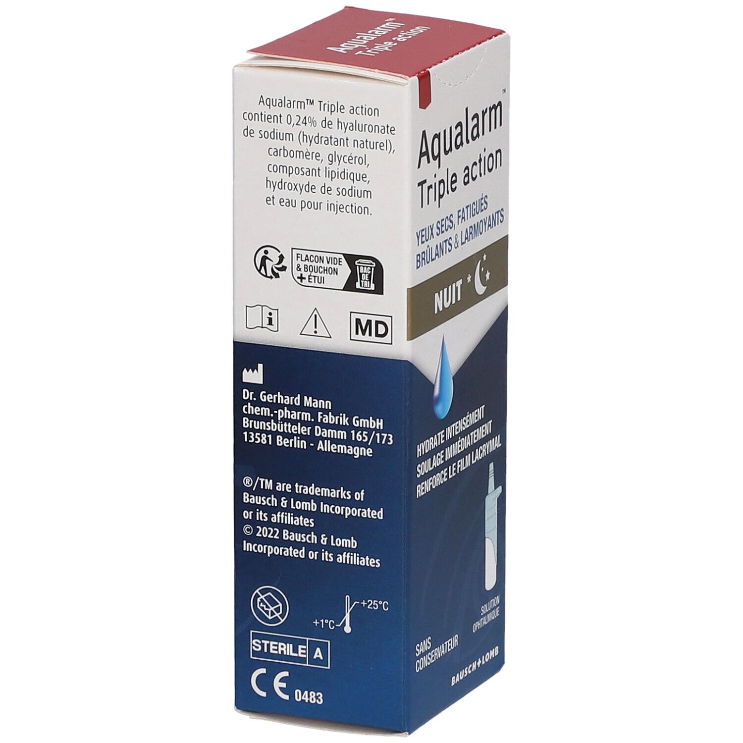 Aqualarm Triple action. Hydratation. Ingrédients, mode d'emploi et informations fabricant. Bausch + Lomb.