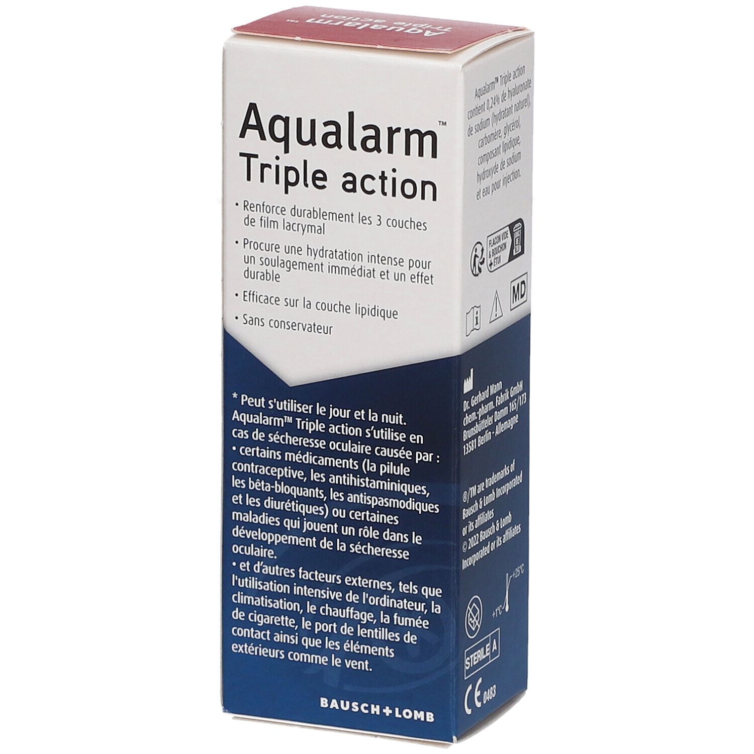 Aqualarm Triple action. Hydratation. Informations produit et instructions d'utilisation. Bausch + Lomb.
