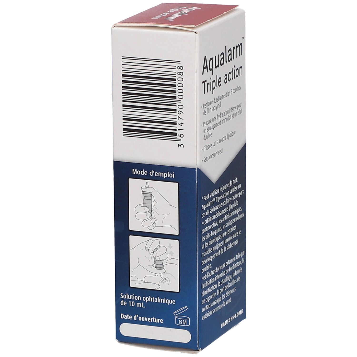 Aqualarm Triple action. Hydratation. Code-barres, mode d'emploi et informations fabricant. Bausch + Lomb.