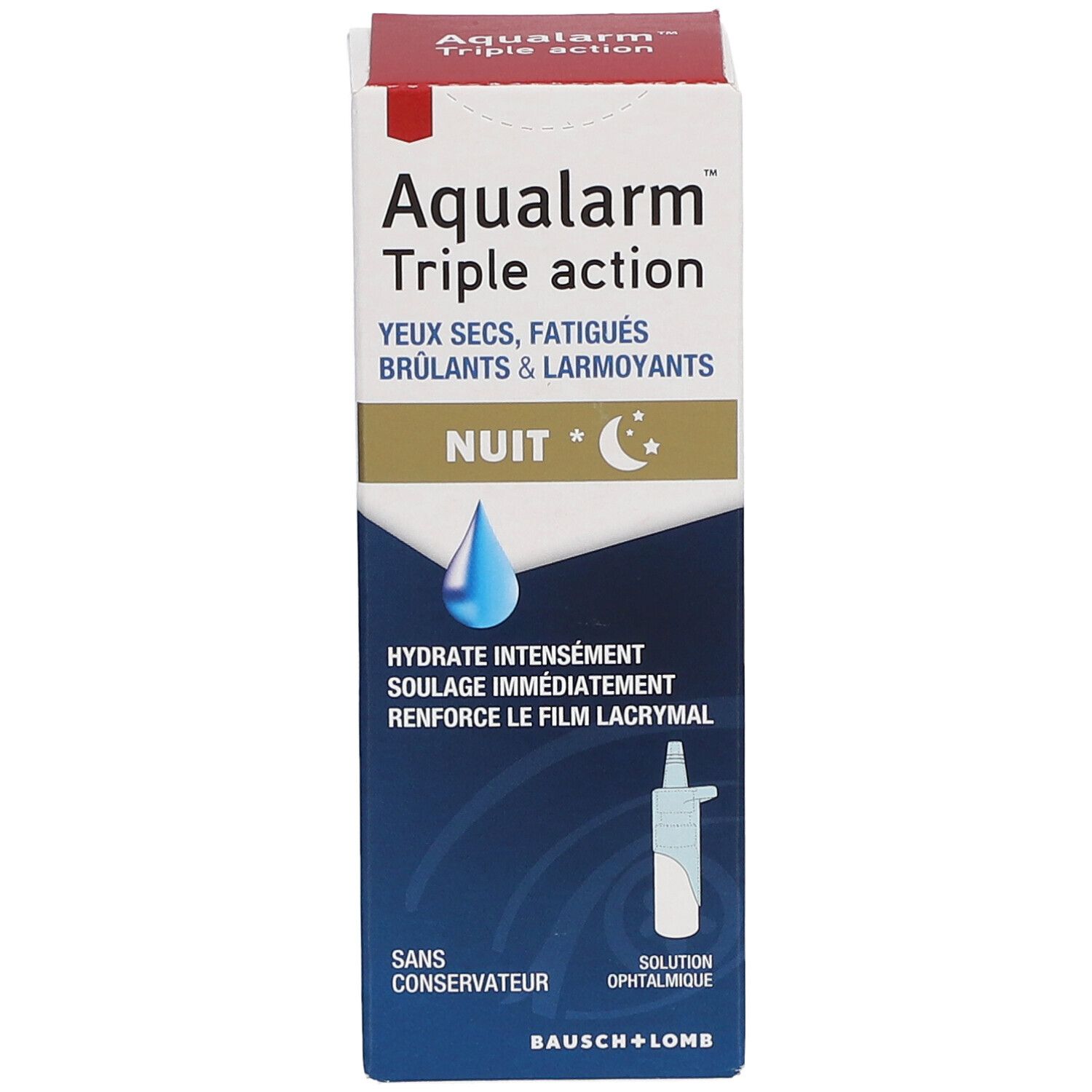 Aqualarm Triple action. Hydratation pour yeux secs, fatigués, brûlants et larmoyants. Nuit. Bausch + Lomb.